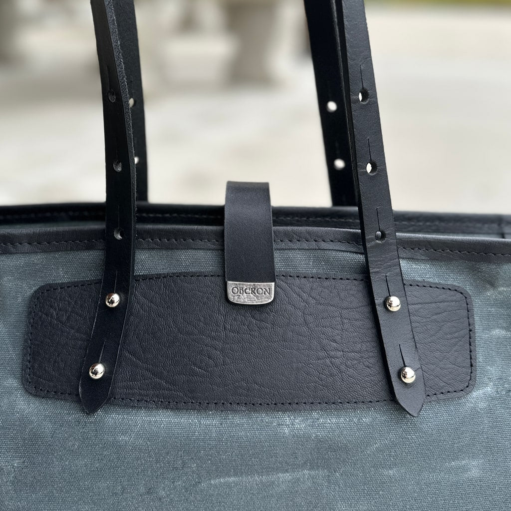 Everyday tote waxed canvas and leather back side strap detail