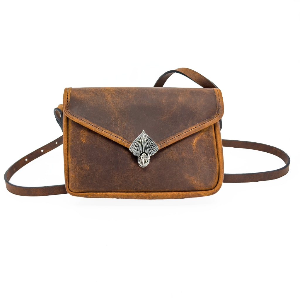 Oberon Design Leather Women's Cell Phone Handbag, Becca, Hard Times in Copper on model