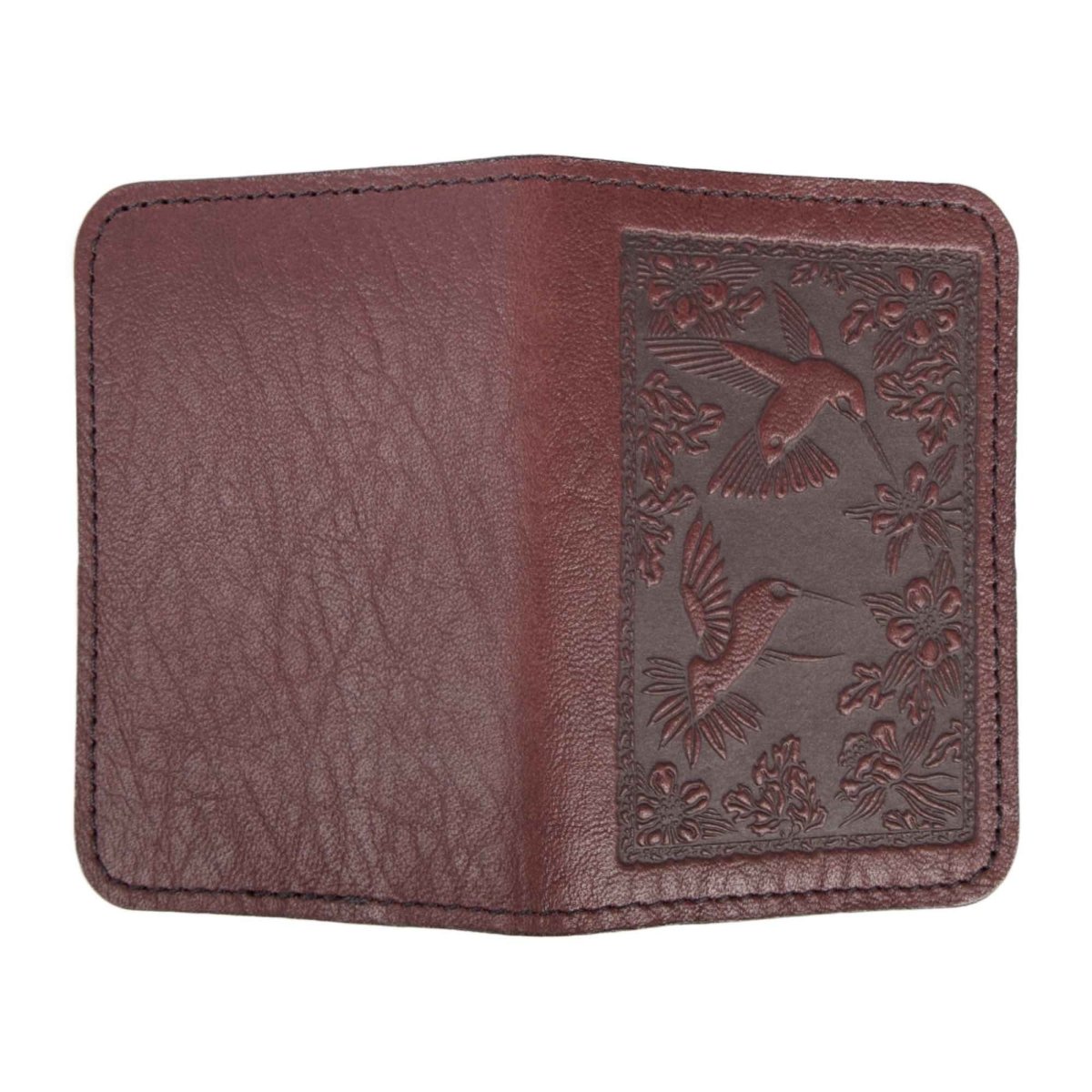 Oberon Design Leather Business Card Holder, Mini Wallet, Hummingbird, Wine, Open