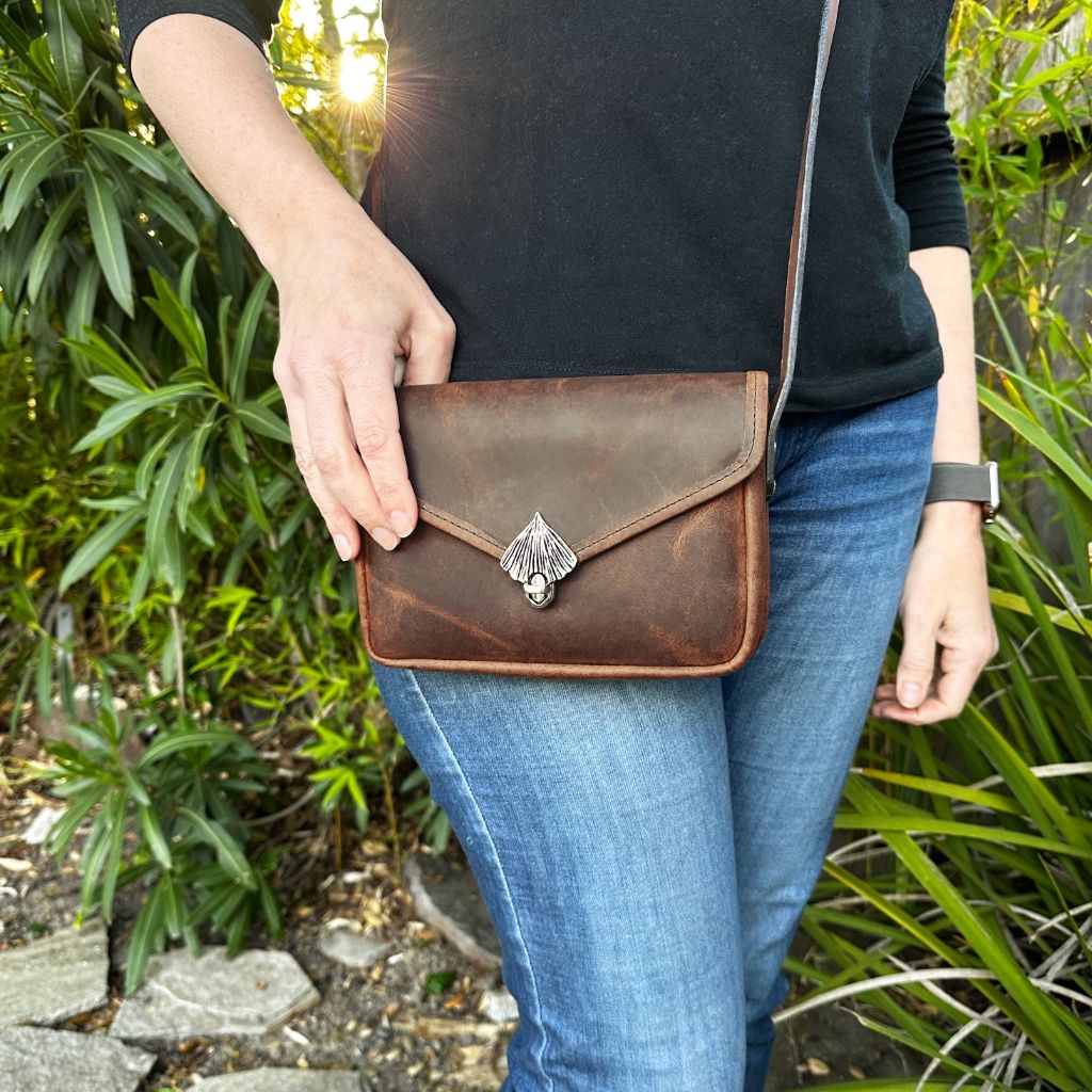 Oberon Design Leather Women's Cell Phone Handbag, Becca, Hard Times in Copper on model