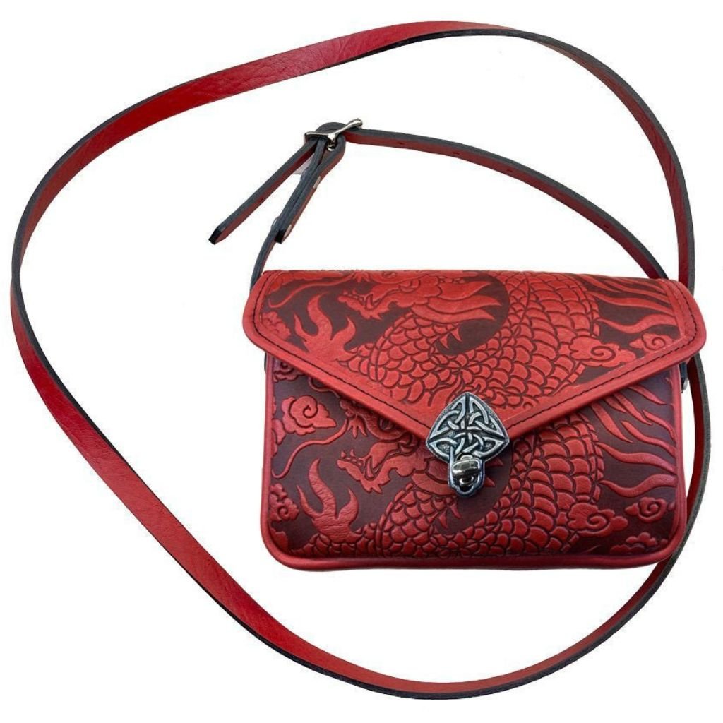 Oberon Design Leather Women's Cell Phone Handbag, Becca, Cloud Dragon, Red With Strap
