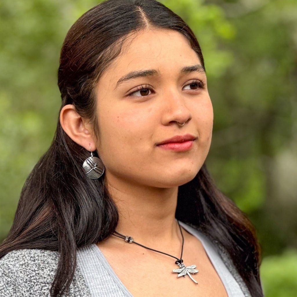 Oberon Design Britannia Metal Jewelry, Earrings & Necklace, Dragonfly, Model