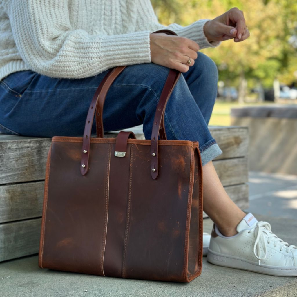 Sonoma Tote, Hard Times, Model with black dress