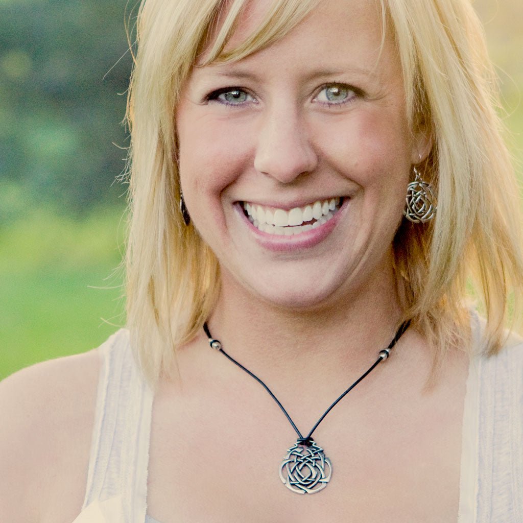 Oberon Design Britannia Metal Jewelry, Earrings, Eternity Knot, Model With Necklace