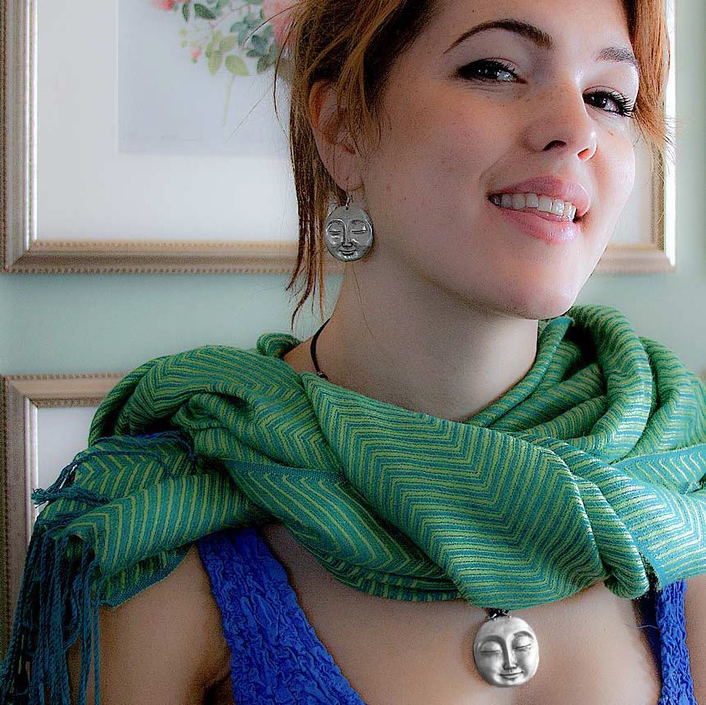 Oberon Design Britannia Metal Jewelry, Earrings & Necklace, Serene Face