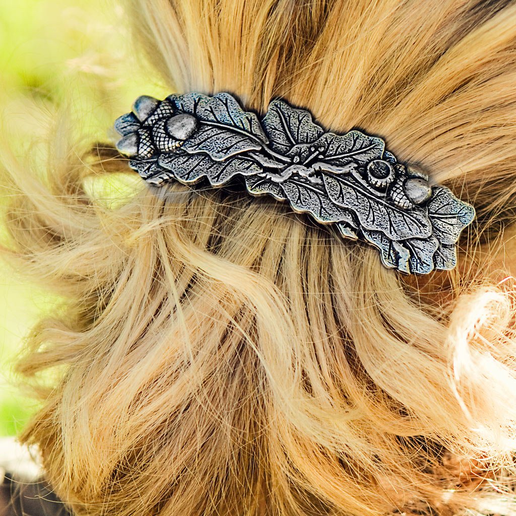 Oberon Design Oak Leaf Jewelry Set, Hand Cast. Earrings and Hair Clip