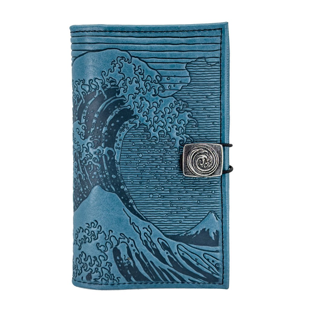 Oberon Design Premium Leather Women's Wallet, Hokusai Wave, Blue