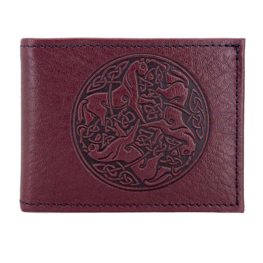 Oberon Design Leather Men's Wallet, Celtic Horses, Wine