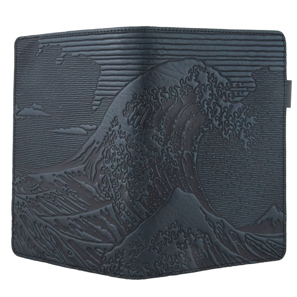Leather Portfolio with Notepad, Pockets and Pen Holder, Hokusai Wave, Closed
